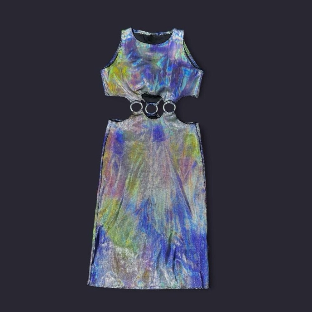 Little Black Diamond holographic twiggy cut out mini dress festivalwear